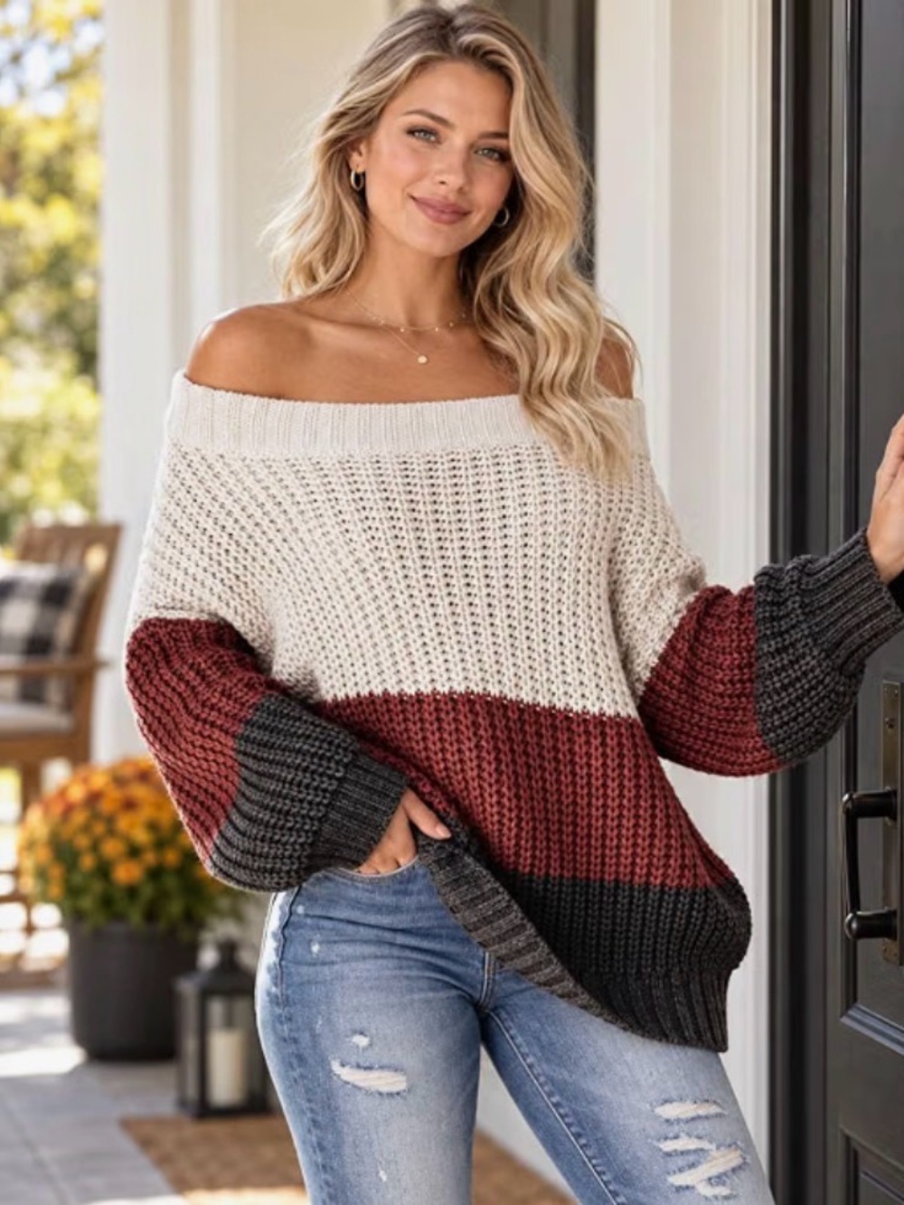 Colorblock Rib-Knit Sweater - Cream, Red, Brown